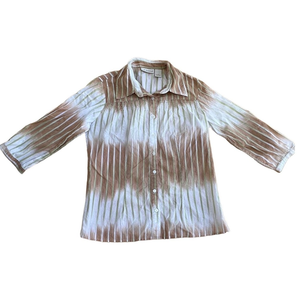 Kim Rogers Button Down Shirt Womens S Tan Striped‎ Boho Smocked 3/4 Sleeve Top